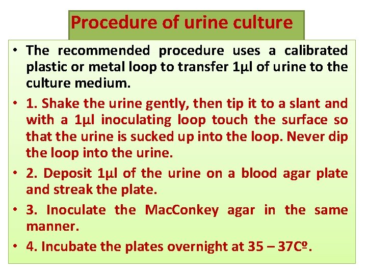 Procedure of urine culture • The recommended procedure uses a calibrated plastic or metal