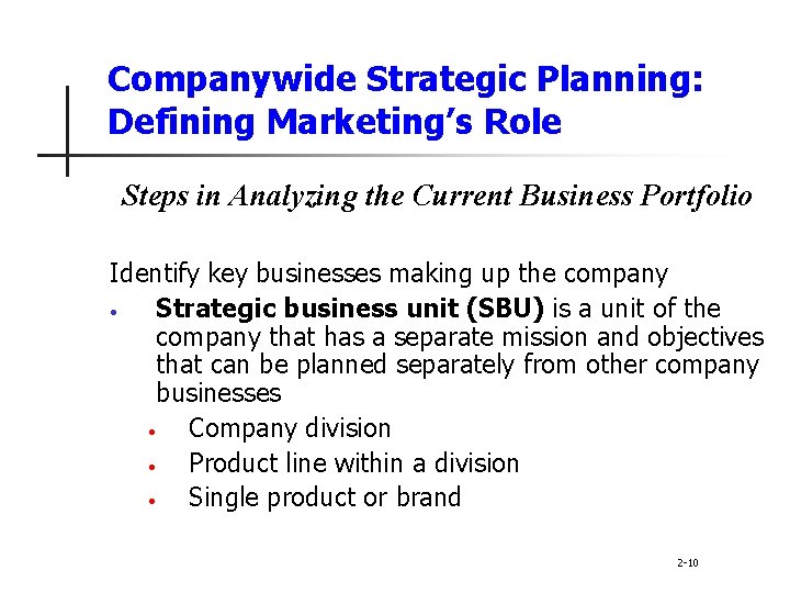 Companywide Strategic Planning: Defining Marketing’s Role Steps in Analyzing the Current Business Portfolio Identify