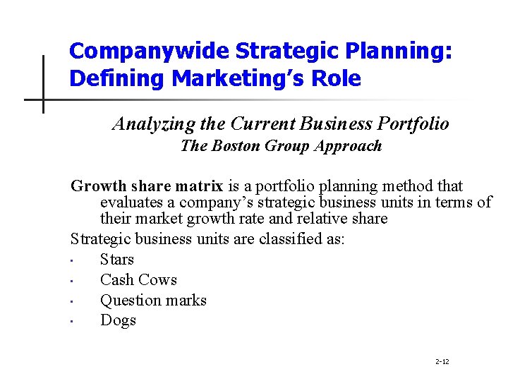 Companywide Strategic Planning: Defining Marketing’s Role Analyzing the Current Business Portfolio The Boston Group