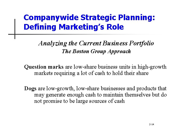 Companywide Strategic Planning: Defining Marketing’s Role Analyzing the Current Business Portfolio The Boston Group