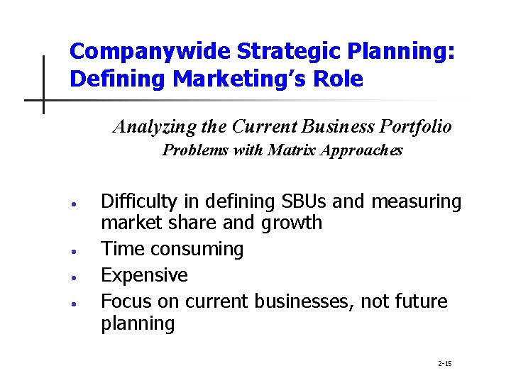 Companywide Strategic Planning: Defining Marketing’s Role Analyzing the Current Business Portfolio Problems with Matrix