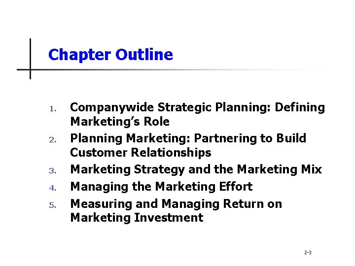 Chapter Outline 1. 2. 3. 4. 5. Companywide Strategic Planning: Defining Marketing’s Role Planning