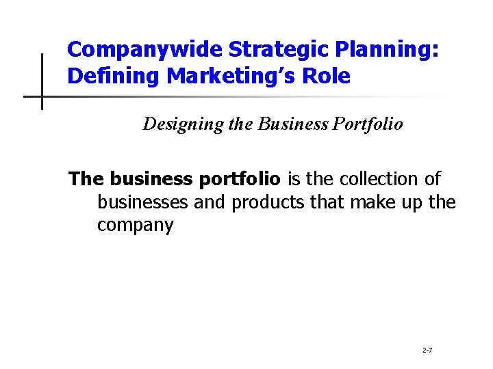 Companywide Strategic Planning: Defining Marketing’s Role Designing the Business Portfolio The business portfolio is