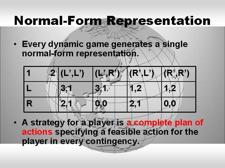 Normal-Form Representation • Every dynamic game generates a single normal-form representation. 1 2 (L’,