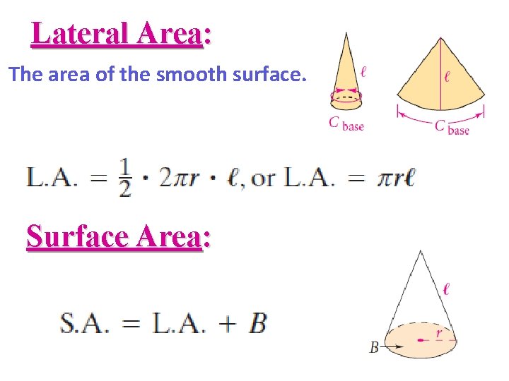 Lateral Area: The area of the smooth surface. Surface Area: 