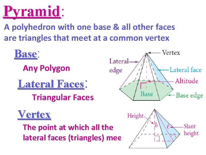 Pyramid: Pyramid A polyhedron with one base & all other faces are triangles that