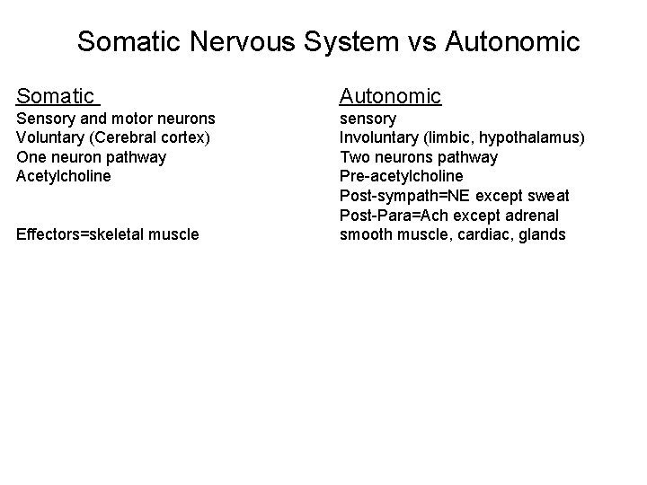 Somatic Nervous System vs Autonomic Somatic Autonomic Sensory and motor neurons Voluntary (Cerebral cortex)