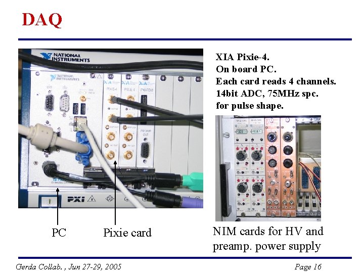 DAQ XIA Pixie-4. On board PC. Each card reads 4 channels. 14 bit ADC,