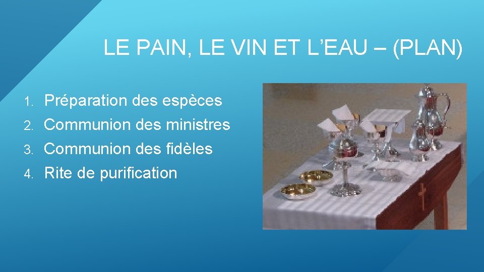 LE PAIN, LE VIN ET L’EAU – (PLAN) 1. Préparation des espèces 2. Communion