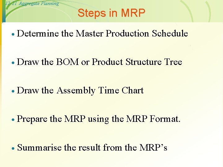 12 -21 Aggregate Planning Steps in MRP · Determine the Master Production Schedule ·