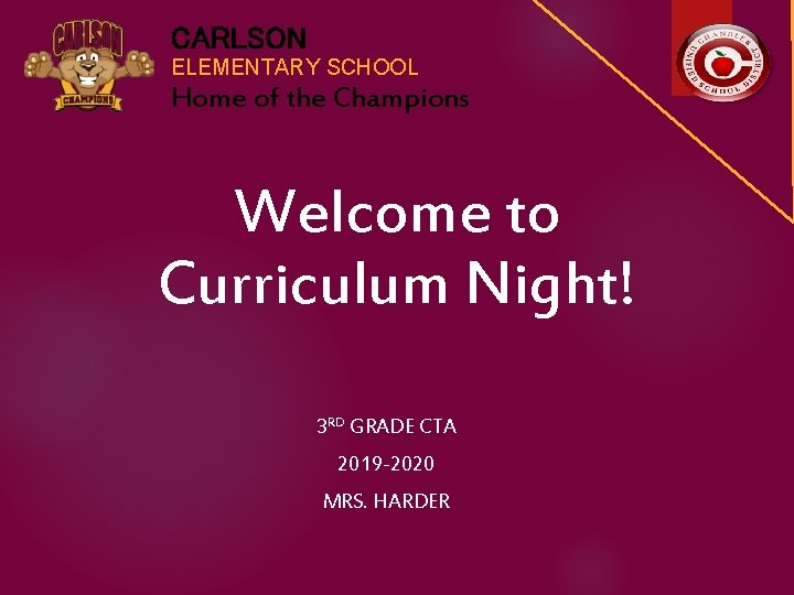 CARLSON ELEMENTARY SCHOOL Home of the Champions Welcome to Curriculum Night! 3 RD GRADE