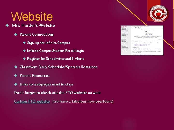 Website Mrs. Harder’s Website Parent Connections Sign-up for Infinite Campus Student Portal Login Register