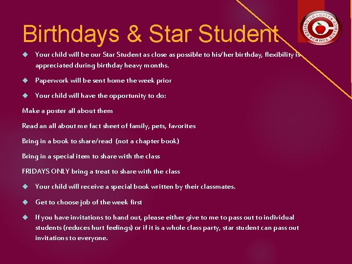 Birthdays & Star Student Your child will be our Star Student as close as