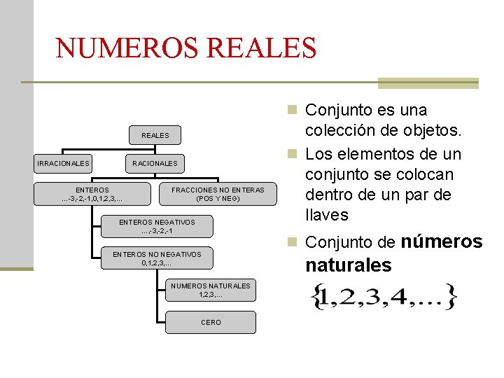 NUMEROS REALES n Conjunto es una REALES IRRACIONALES ENTEROS …-3, -2, -1, 0, 1,
