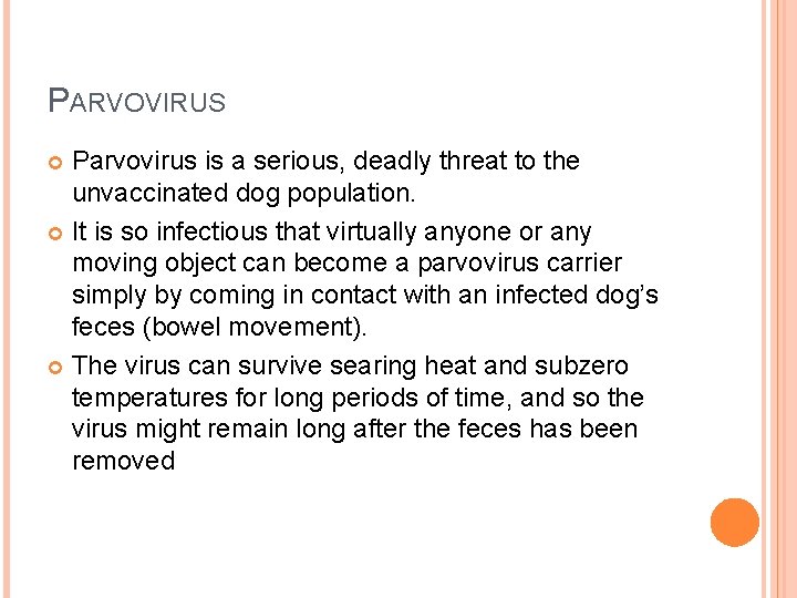 PARVOVIRUS Parvovirus is a serious, deadly threat to the unvaccinated dog population. It is
