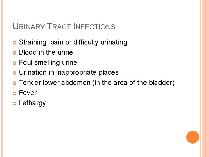 URINARY TRACT INFECTIONS Straining, pain or difficulty urinating Blood in the urine Foul smelling