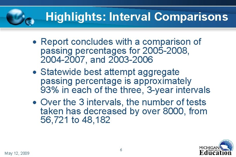 Highlights: Interval Comparisons Report concludes with a comparison of passing percentages for 2005 -2008, Highlights: Interval Comparisons Report concludes with a comparison of passing percentages for 2005 -2008,