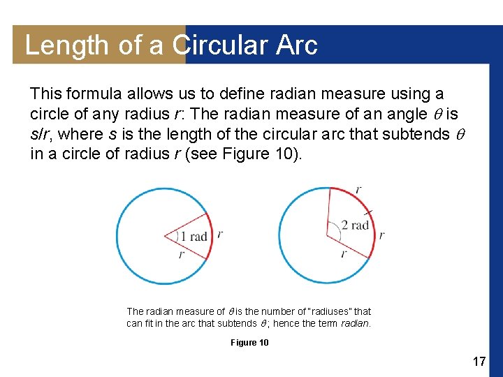 Length of a Circular Arc This formula allows us to define radian measure using