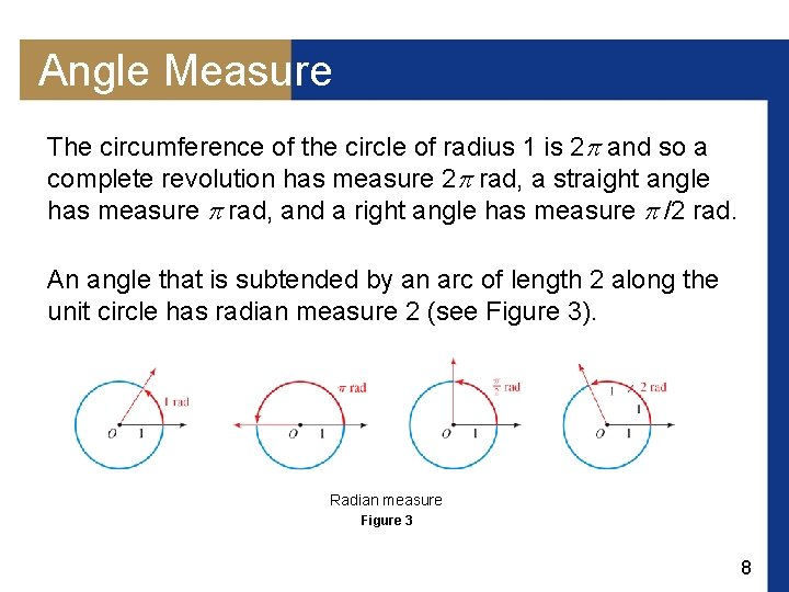 Angle Measure The circumference of the circle of radius 1 is 2 and so