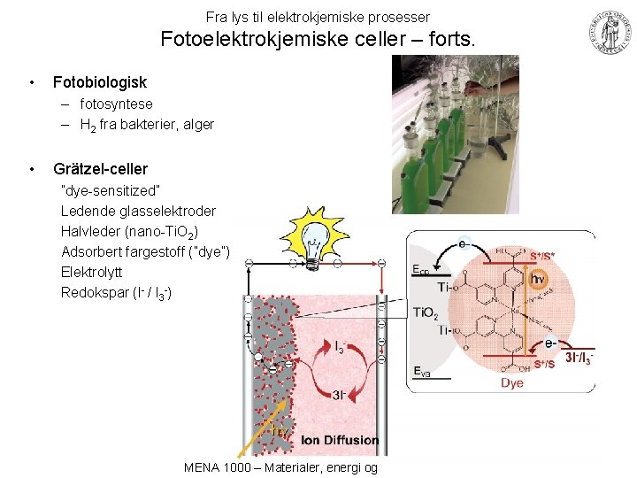 Fra lys til elektrokjemiske prosesser Fotoelektrokjemiske celler – forts. • Fotobiologisk – fotosyntese –