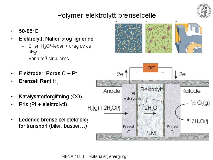 Polymer-elektrolytt-brenselcelle • • 50 -85°C Elektrolytt: Nafion® og lignende – Er en H 3