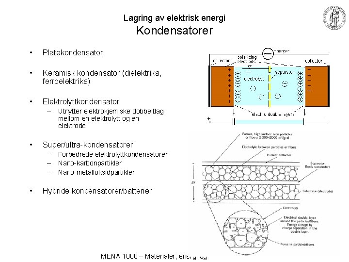 Lagring av elektrisk energi Kondensatorer • Platekondensator • Keramisk kondensator (dielektrika, ferroelektrika) • Elektrolyttkondensator