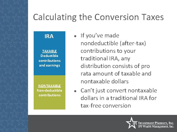 Calculating the Conversion Taxes IRA TAXABLE Deductible contributions and earnings NONTAXABLE Non-deductible contributions If