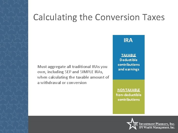 Calculating the Conversion Taxes IRA Must aggregate all traditional IRAs you own, including SEP