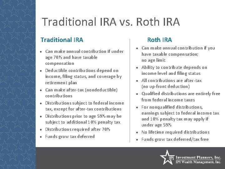 Traditional IRA vs. Roth IRA Traditional IRA Can make annual contribution if under age