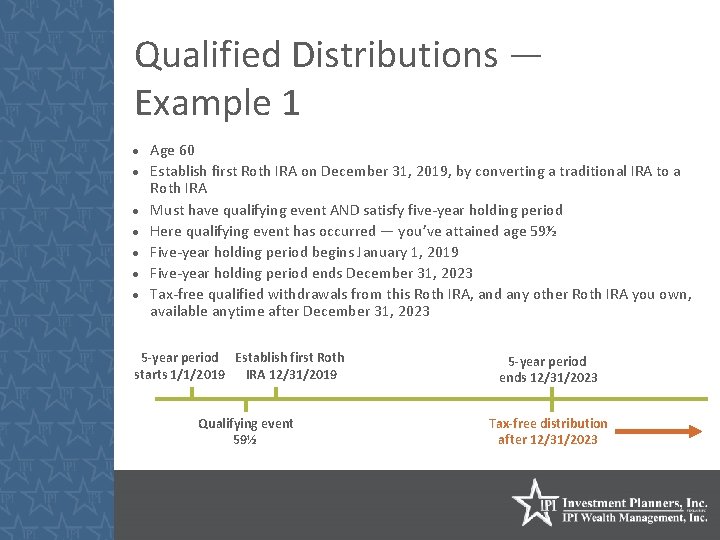 Qualified Distributions — Example 1 Age 60 Establish first Roth IRA on December 31,