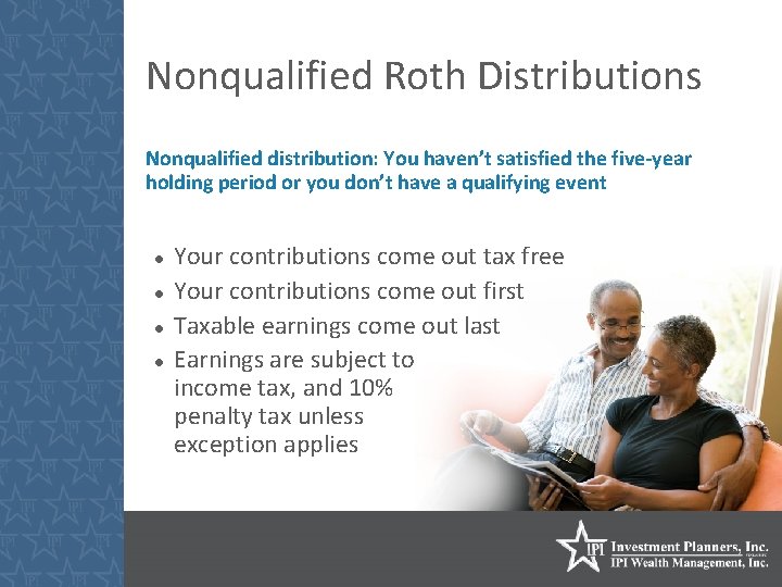 Nonqualified Roth Distributions Nonqualified distribution: You haven’t satisfied the five-year holding period or you