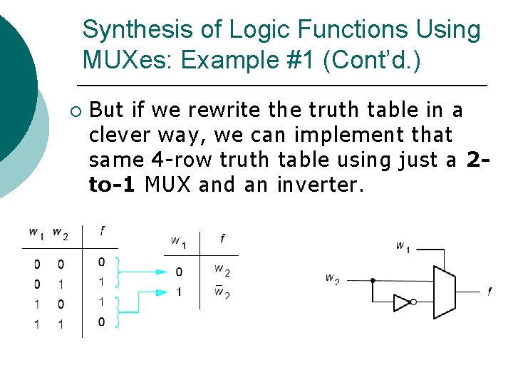 Synthesis of Logic Functions Using MUXes: Example #1 (Cont’d. ) ¡ But if we