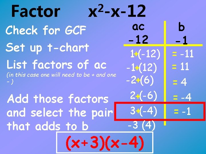 Factor 2 x -x-12 Check for GCF Set up t-chart List factors of ac