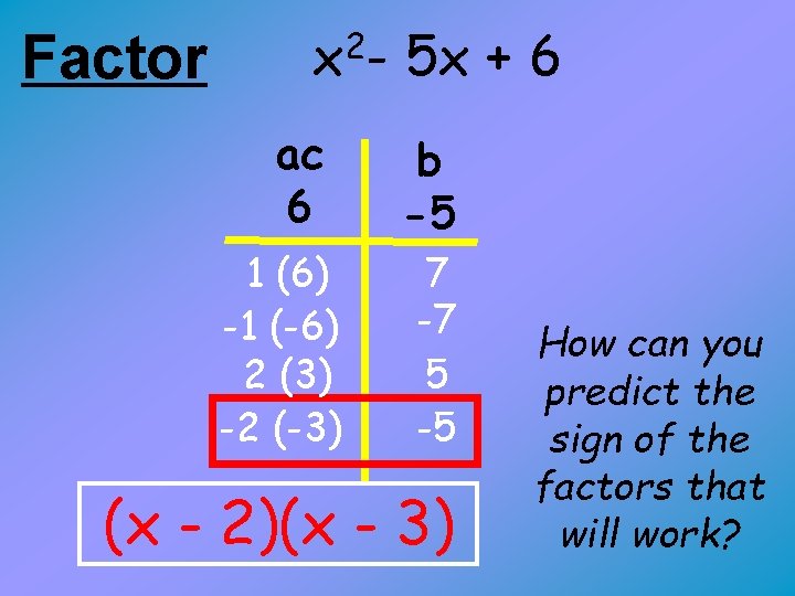 Factor 2 x - ac 6 1 (6) -1 (-6) 2 (3) -2 (-3)