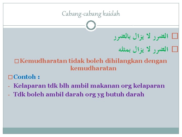 Cabang-cabang kaidah � ﺍﻟﻀﺮﺭ ﻻ ﻳﺰﺍﻝ ﺑﺎﻟﻀﺮﺭ � ﺍﻟﻀﺮﺭ ﻻ ﻳﺰﺍﻝ ﺑﻤﺜﻠﻪ � Kemudharatan