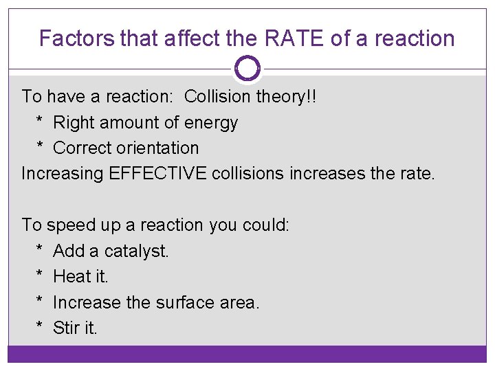 Factors that affect the RATE of a reaction To have a reaction: Collision theory!!