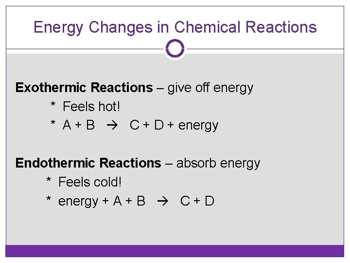 Energy Changes in Chemical Reactions Exothermic Reactions – give off energy * Feels hot!