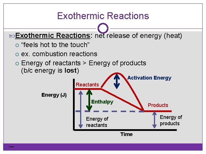 Exothermic Reactions: net release of energy (heat) “feels hot to the touch” ex. combustion