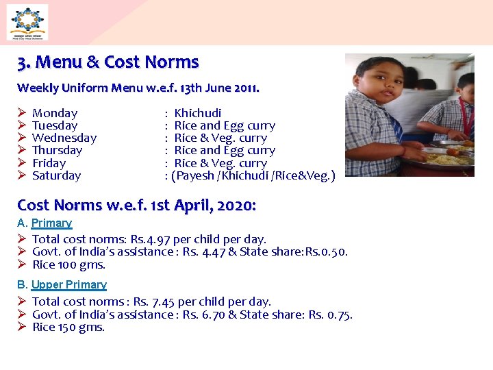 3. Menu & Cost Norms Weekly Uniform Menu w. e. f. 13 th June