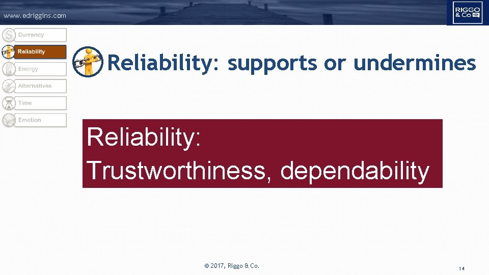 www. edriggins. com Reliability: supports or undermines Reliability: Trustworthiness, dependability © 2017, Riggo &