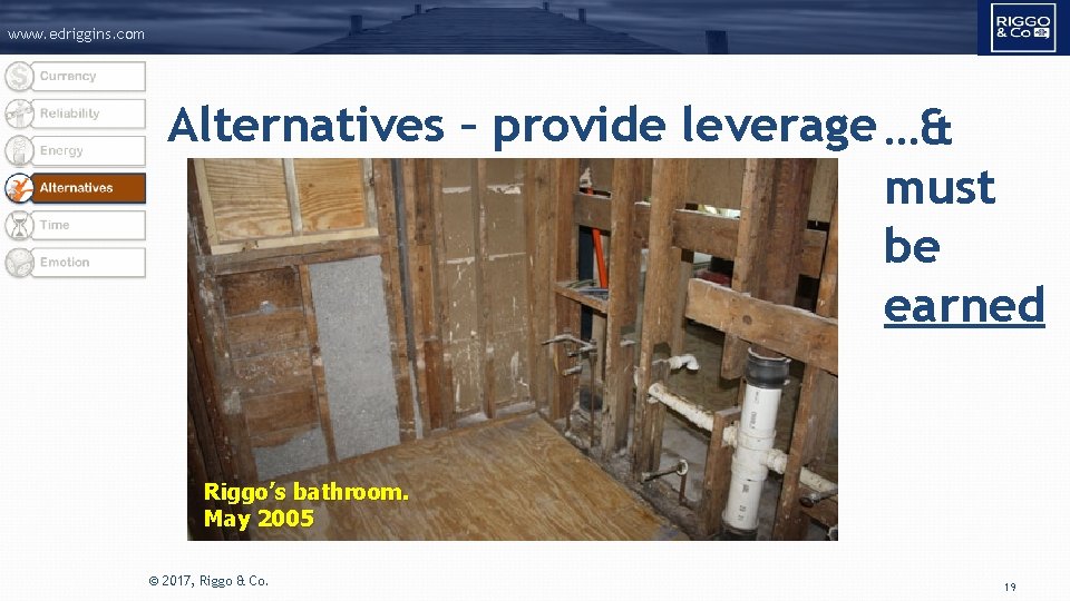 www. edriggins. com Alternatives – provide leverage …& must be earned Riggo’s bathroom. May