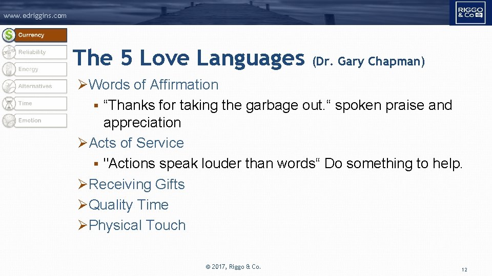 www. edriggins. com The 5 Love Languages (Dr. Gary Chapman) ØWords of Affirmation §