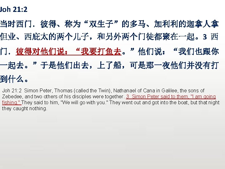 Joh 21: 2 当时西门．彼得、称为“双生子”的多马、加利利的迦拿人拿 但业、西庇太的两个儿子，和另外两个门徒都聚在一起。3 西 门．彼得对他们说：“我要打鱼去。”他们说：“我们也跟你 一起去。”于是他们出去，上了船，可是那一夜他们并没有打 到什么。 Joh 21: 2 Simon Peter,