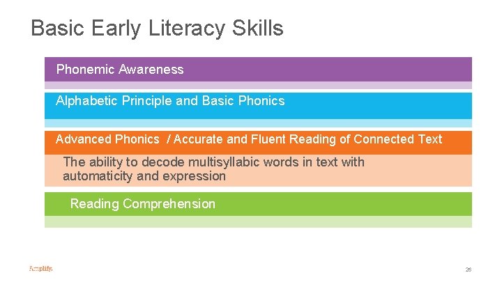 Basic Early Literacy Skills Phonemic Awareness Alphabetic Principle and Basic Phonics Advanced Phonics /