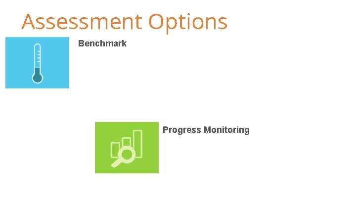 Assessment Options Benchmark • • All students Multiple measures Three times a year Identifies