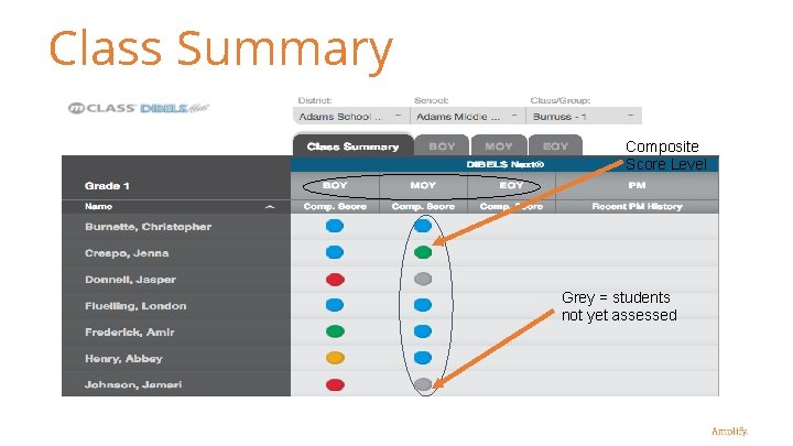 Class Summary Composite Score Level Incomplete assessments Grey = students not yet assessed 