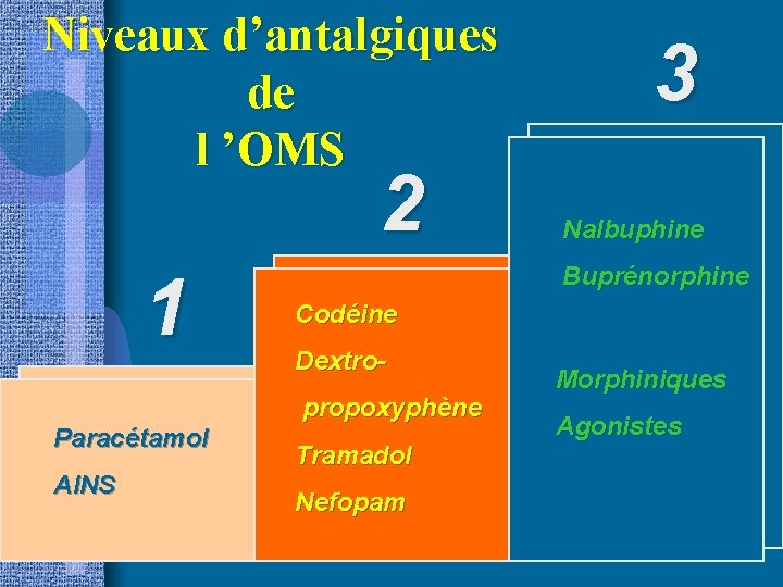 Niveaux d’antalgiques de l ’OMS 2 1 Paracétamol AINS 3 Nalbuphine Buprénorphine Codéine Dextropropoxyphène