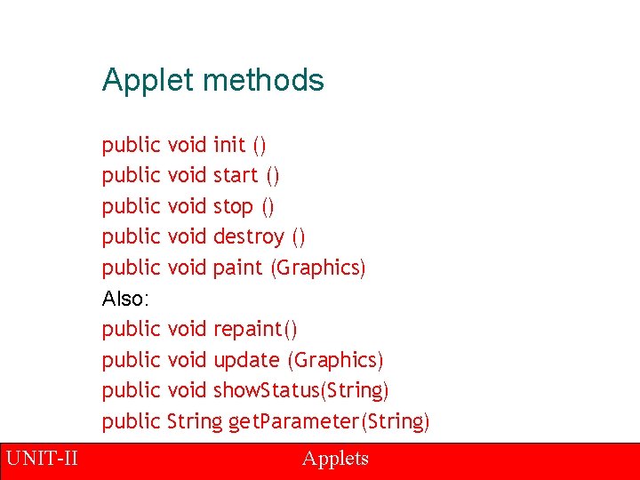 Applet methods public public Also: public UNIT-II void void init () start () stop