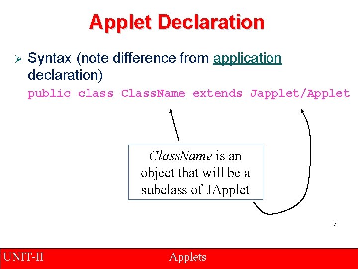 Applet Declaration Ø Syntax (note difference from application declaration) public class Class. Name extends