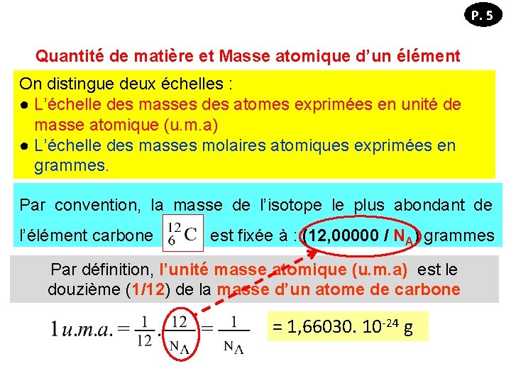 P. 5 Quantité de matière et Masse atomique d’un élément On distingue deux échelles